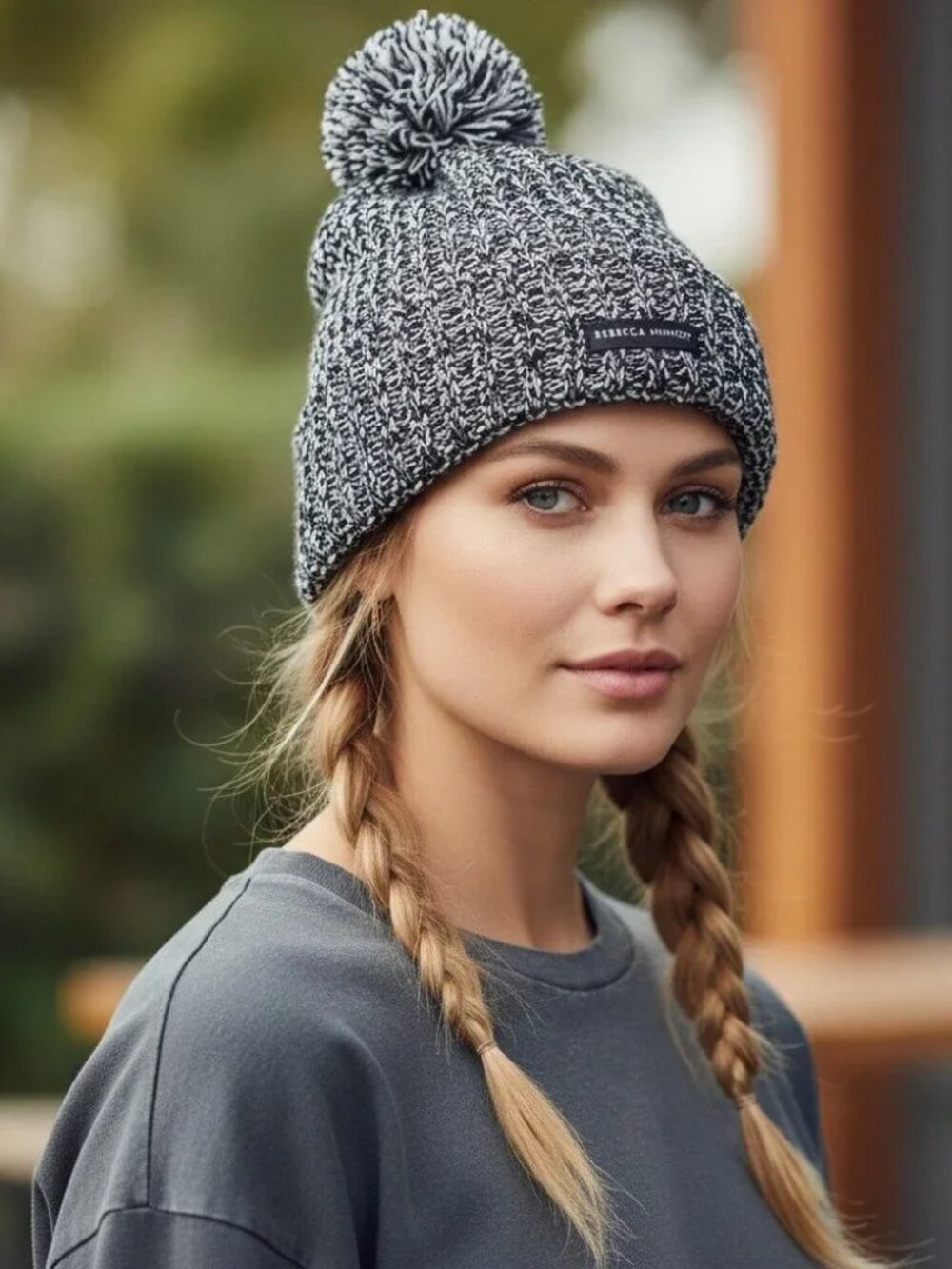 REBECCA MINKOFF Marled Sweater Knit Beanie Hat Pom Pom Winter Cozy Chic Ski